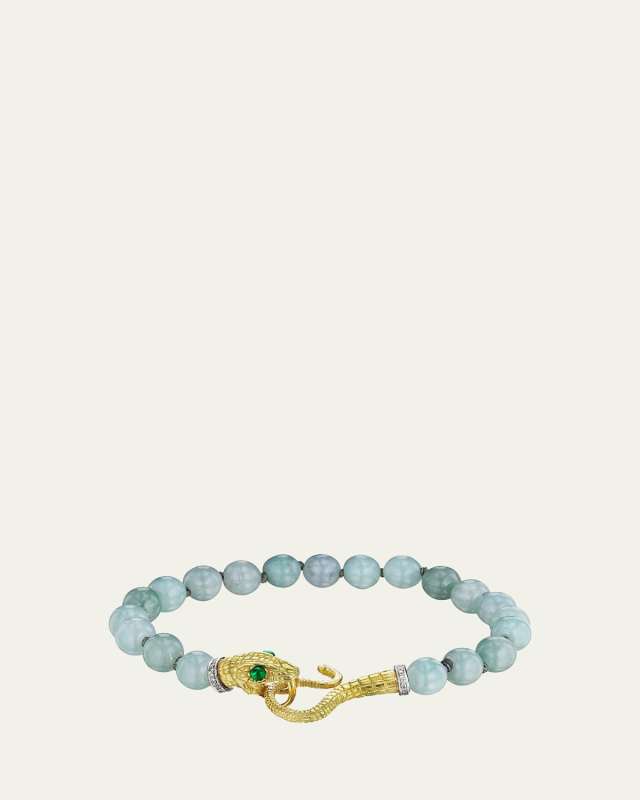 Jadeite Bead Serpent Bracelet in 18K Gold with Diamonds and Emeralds
